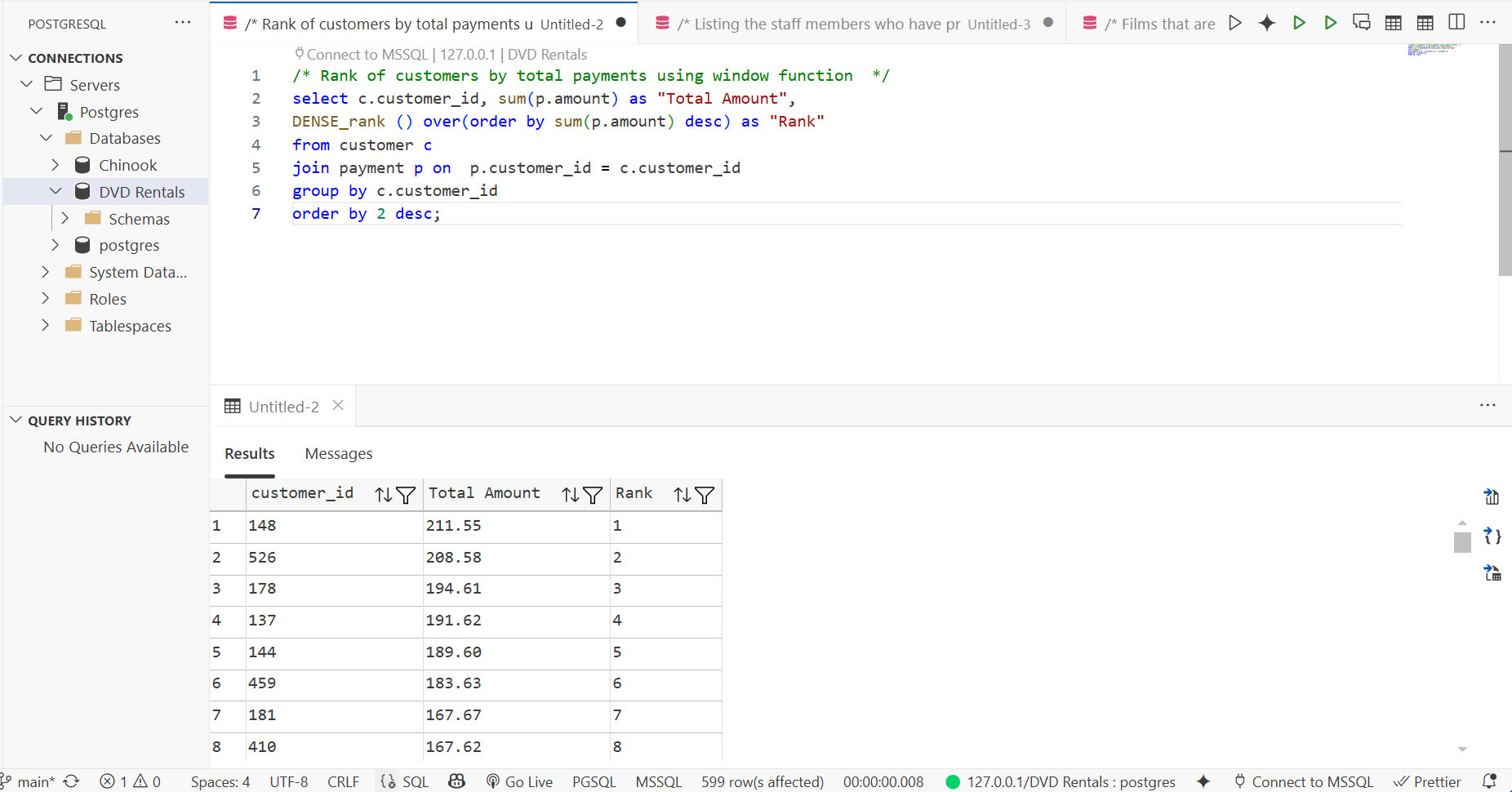Screenshot of SQL query output showing top customers ranked by payment amount.